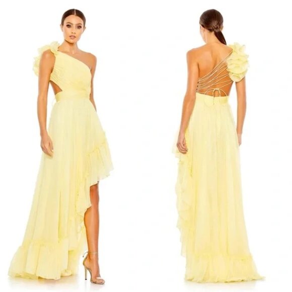 Mac Duggal 67989 Yellow Ruffled One Shoulder Asymmetrical Maxi‎ Gown NEW Size 10 - Picture 1 of 7